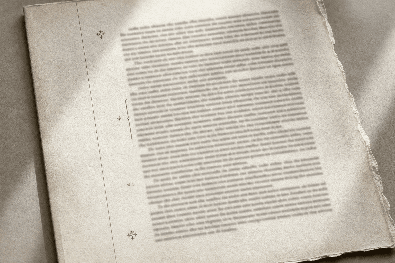 A printed page on cotton paper: one hairline margin rule, printer’s ornaments and a reference bracket set in red beside the text block.