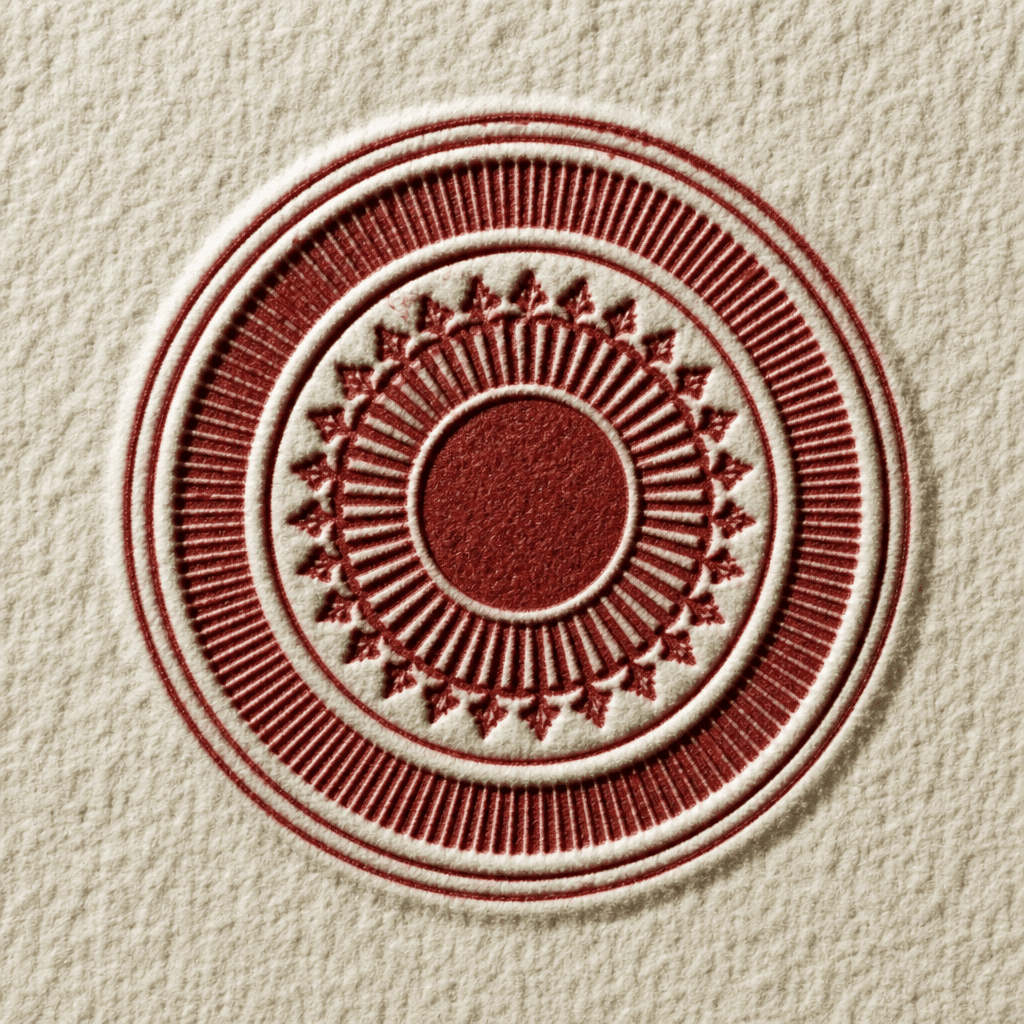 A letterpress seal struck in oxblood ink on cream cotton paper: concentric hairline rings around an engraved radial ornament.